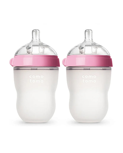 Comotomo Wide Neck Silicone Feeding Bottle-Global Award Winner-With Medium Flow Nipple-3 to 6M-Pack of 2-Dual Anti Colic Vent-250 ml-Pink