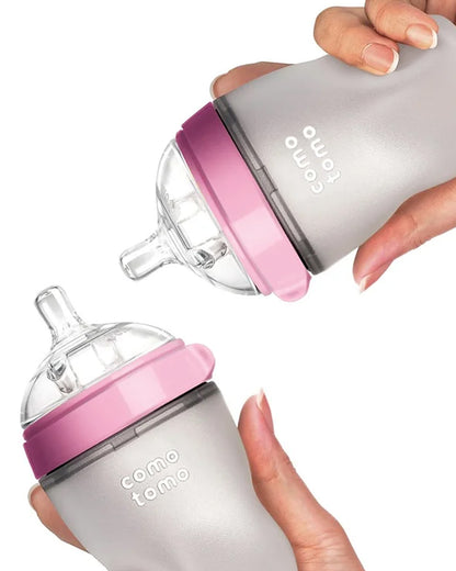 Comotomo Wide Neck Silicone Feeding Bottle-Global Award Winner-With Medium Flow Nipple-3 to 6M-Pack of 2-Dual Anti Colic Vent-250 ml-Pink