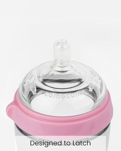 Comotomo Wide Neck Silicone Feeding Bottle-Global Award Winner-With Medium Flow Nipple-3 to 6M-Pack of 2-Dual Anti Colic Vent-250 ml-Pink