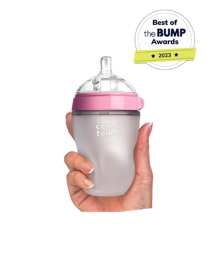 Comotomo Wide Neck Silicone Feeding Bottle-Global Award Winner-With Medium Flow Nipple-3 to 6M-Pack of 2-Dual Anti Colic Vent-250 ml-Pink