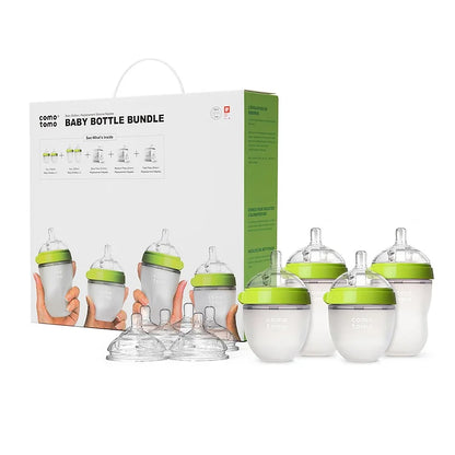 Comotomo Feeding Bottle Bundle Pack-Global Award Winner-2x 150 ml Bottles, 2x 250 ml Bottles, 2x 0-3M Nipples, 2x 3-6M Nipples & 2x 6M+ Nipples-Green-Dual Anti Colic Vent