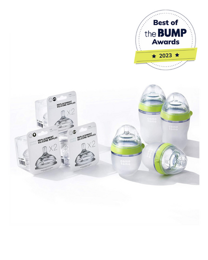 Comotomo Feeding Bottle Bundle Pack-Global Award Winner-2x 150 ml Bottles, 2x 250 ml Bottles, 2x 0-3M Nipples, 2x 3-6M Nipples & 2x 6M+ Nipples-Green-Dual Anti Colic Vent