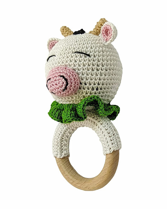 Happy Threads Cow Crochet Rattle Toy-Teething Relief & Easy to Grasp-For Infants