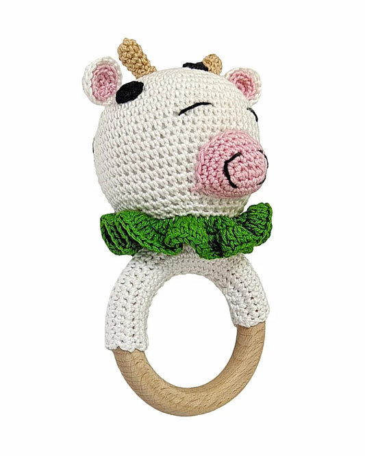 Happy Threads Cow Crochet Rattle Toy-Teething Relief & Easy to Grasp-For Infants