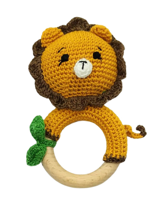 Happy Threads Lion With Leaf Crochet Rattle Toy-Teething Relief & Easy to Grasp-For Infants