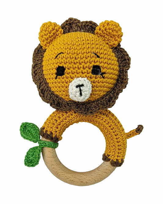 Happy Threads Lion With Leaf Crochet Rattle Toy-Teething Relief & Easy to Grasp-For Infants