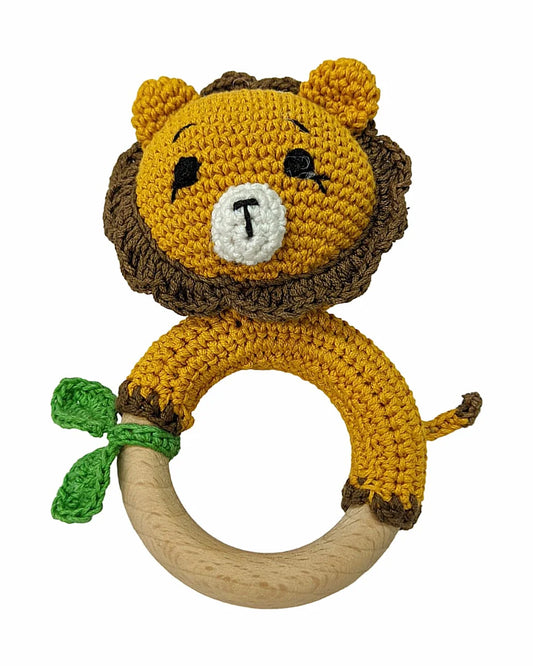 Happy Threads Lion With Leaf Crochet Rattle Toy-Teething Relief & Easy to Grasp-For Infants