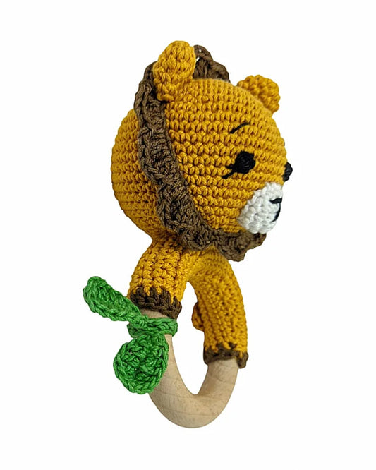 Happy Threads Lion With Leaf Crochet Rattle Toy-Teething Relief & Easy to Grasp-For Infants