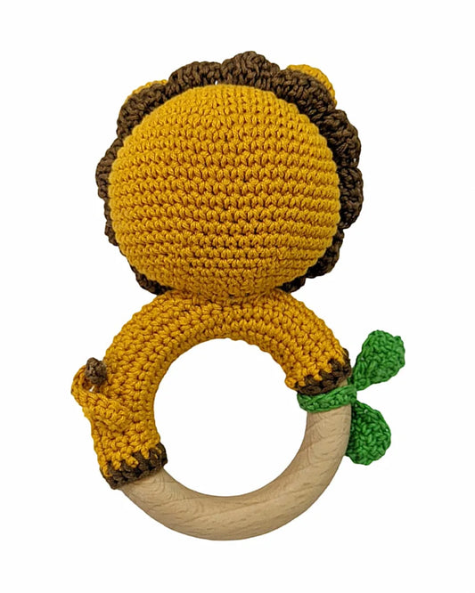 Happy Threads Lion With Leaf Crochet Rattle Toy-Teething Relief & Easy to Grasp-For Infants