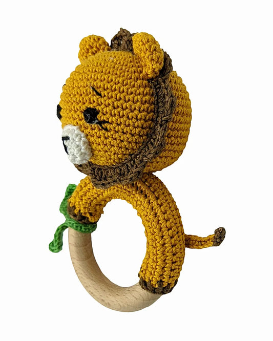 Happy Threads Lion With Leaf Crochet Rattle Toy-Teething Relief & Easy to Grasp-For Infants