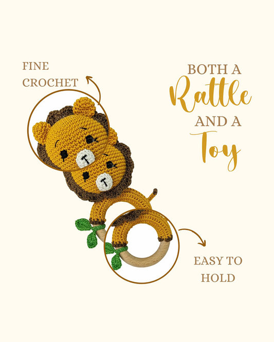 Happy Threads Lion With Leaf Crochet Rattle Toy-Teething Relief & Easy to Grasp-For Infants