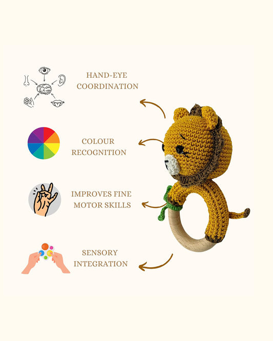 Happy Threads Lion With Leaf Crochet Rattle Toy-Teething Relief & Easy to Grasp-For Infants