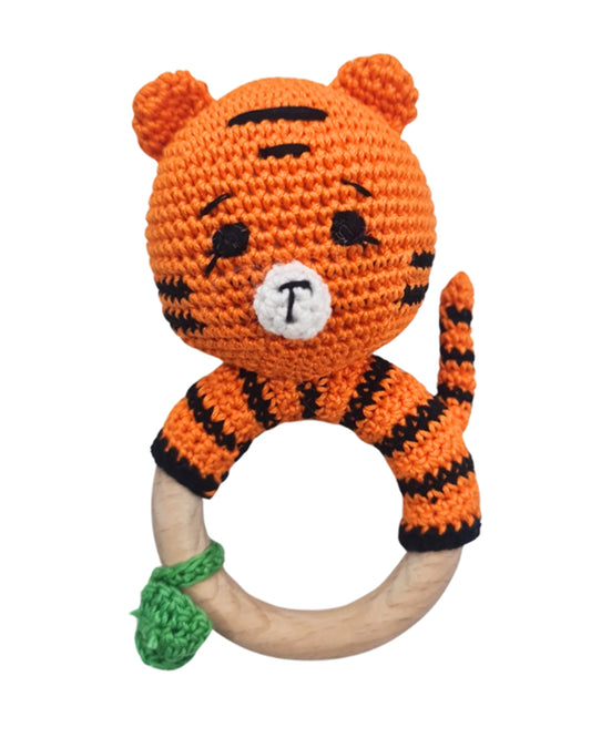 Happy Threads Tiger With Leaf Crochet Rattle Toy-Teething Relief & Easy to Grasp-For Infants