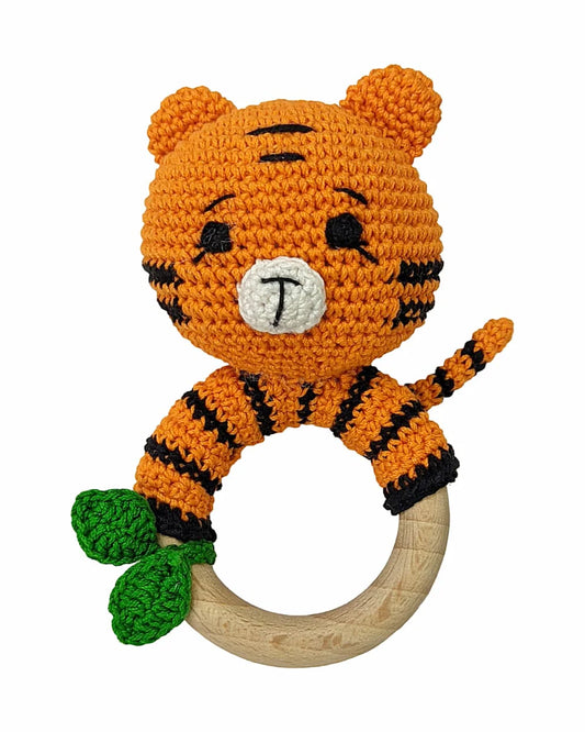 Happy Threads Tiger With Leaf Crochet Rattle Toy-Teething Relief & Easy to Grasp-For Infants