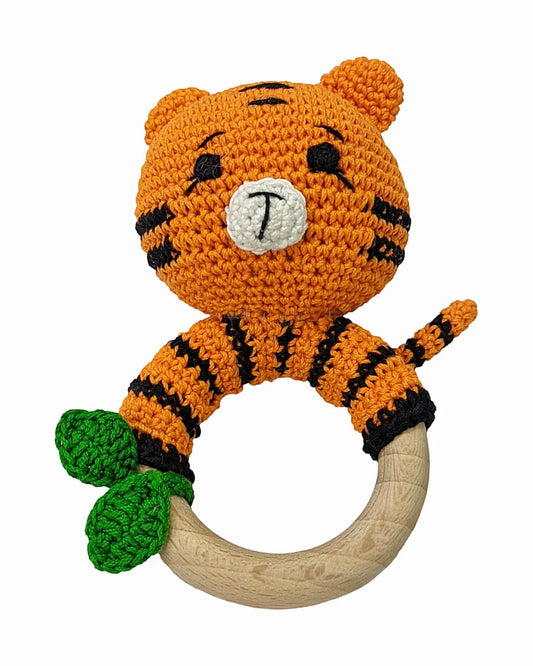 Happy Threads Tiger With Leaf Crochet Rattle Toy-Teething Relief & Easy to Grasp-For Infants