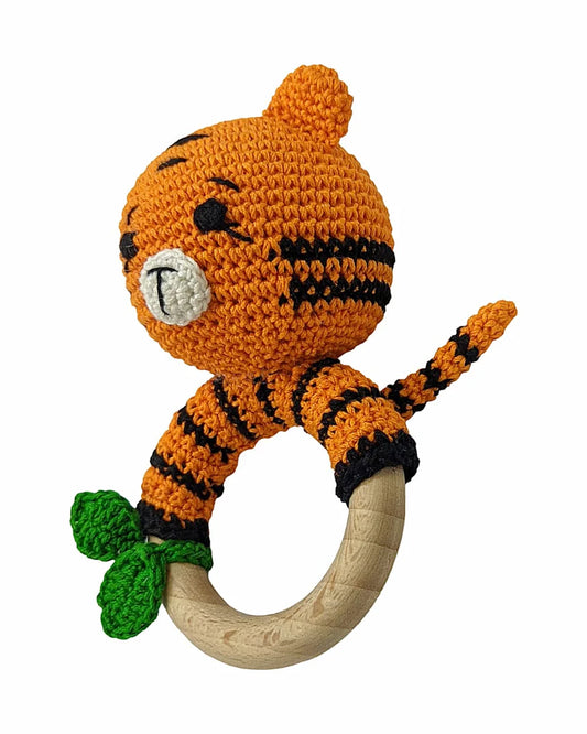 Happy Threads Tiger With Leaf Crochet Rattle Toy-Teething Relief & Easy to Grasp-For Infants