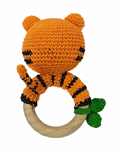 Happy Threads Tiger With Leaf Crochet Rattle Toy-Teething Relief & Easy to Grasp-For Infants