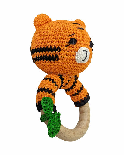 Happy Threads Tiger With Leaf Crochet Rattle Toy-Teething Relief & Easy to Grasp-For Infants