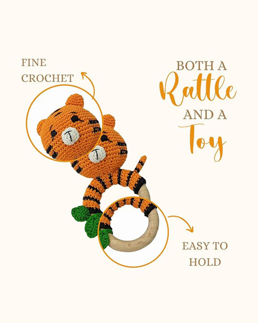 Happy Threads Tiger With Leaf Crochet Rattle Toy-Teething Relief & Easy to Grasp-For Infants