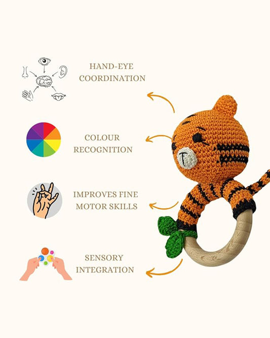 Happy Threads Tiger With Leaf Crochet Rattle Toy-Teething Relief & Easy to Grasp-For Infants