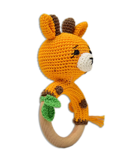 Happy Threads Giraffe Rattle With Leaf Crochet Rattle Toy-Teething Relief & Easy to Grasp-For Infants