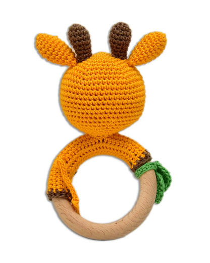 Happy Threads Giraffe Rattle With Leaf Crochet Rattle Toy-Teething Relief & Easy to Grasp-For Infants