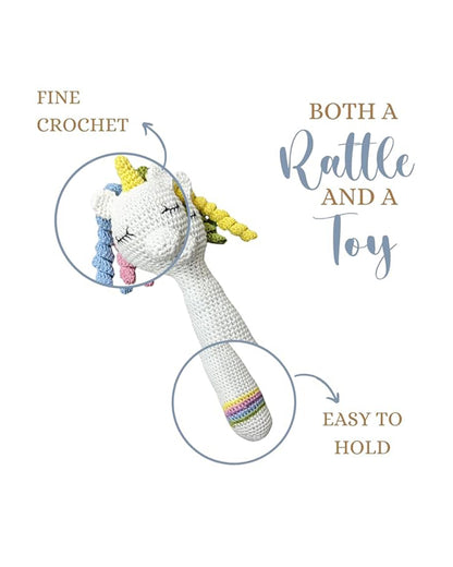 Happy Threads Unicorn Stick Rattle Crochet Rattle Toy-Teething Relief & Easy to Grasp-For Infants