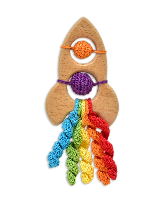 Happy Threads Rocket Wooden Teether Rattle Toy-Teething Relief & Easy to Grasp-For Infants