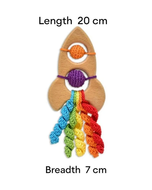 Happy Threads Rocket Wooden Teether Rattle Toy-Teething Relief & Easy to Grasp-For Infants