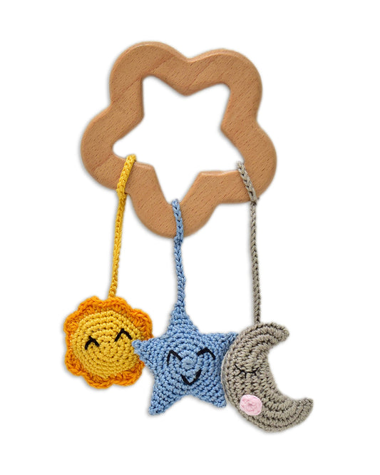 Happy Threads Star Wooden Teether Rattle Toy-Teething Relief & Easy to Grasp-For Infants