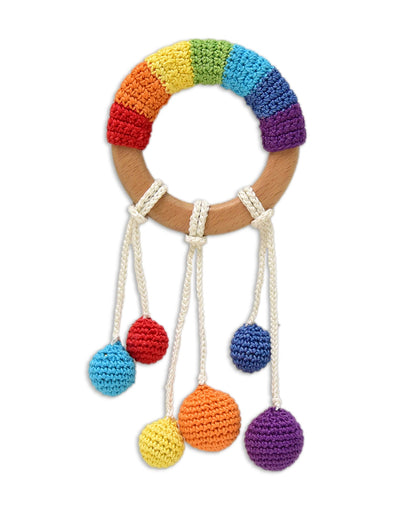 Happy Threads Rainbow Wooden Teether Rattle Toy-Teething Relief & Easy to Grasp-For Infants