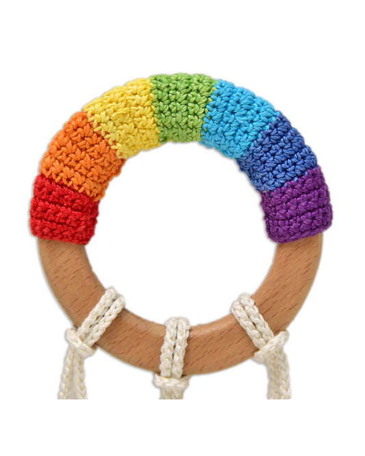 Happy Threads Rainbow Wooden Teether Rattle Toy-Teething Relief & Easy to Grasp-For Infants