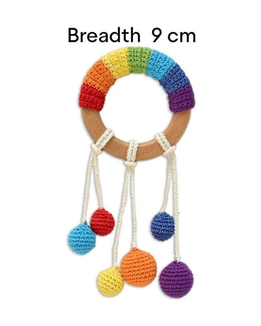 Happy Threads Rainbow Wooden Teether Rattle Toy-Teething Relief & Easy to Grasp-For Infants