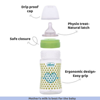 Chicco Well Being Feeding Bottle-Anti Colic-Slow Flow-150 ml-Green-0M+