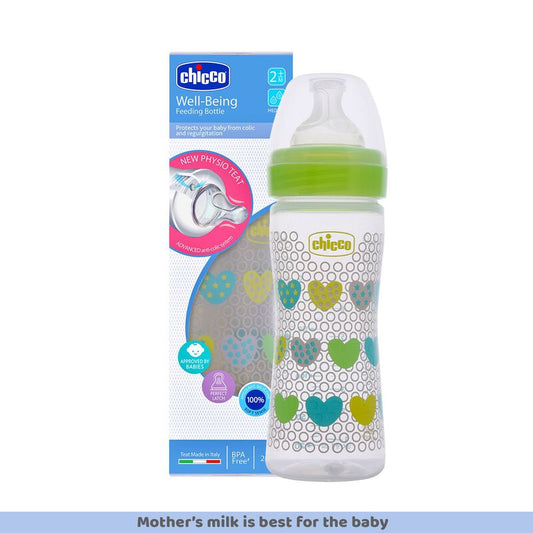 Chicco Well Being Feeding Bottle-Anti Colic-Slow Flow-250 ml-Green-2M+