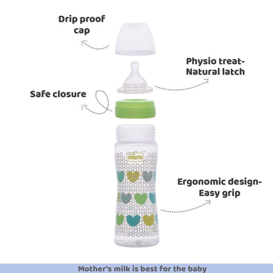 Chicco Well Being Feeding Bottle-Anti Colic-Slow Flow-250 ml-Green-2M+