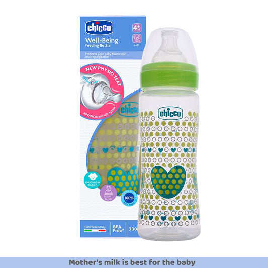 Chicco Well Being Feeding Bottle-Anti Colic-Slow Flow-330 ml-Green-4M+