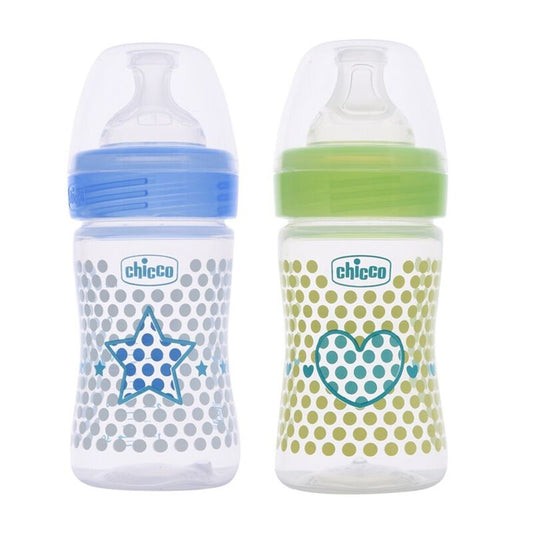 Chicco Well Being Feeding Bottle-Anti Colic-Slow Flow-150 ml-Pack of 2-Blue & Green-0M+