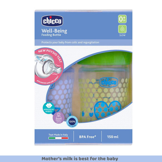 Chicco Well Being Feeding Bottle-Anti Colic-Slow Flow-150 ml-Pack of 2-Blue & Green-0M+