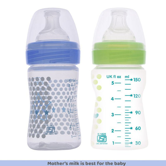 Chicco Well Being Feeding Bottle-Anti Colic-Slow Flow-150 ml-Pack of 2-Blue & Green-0M+