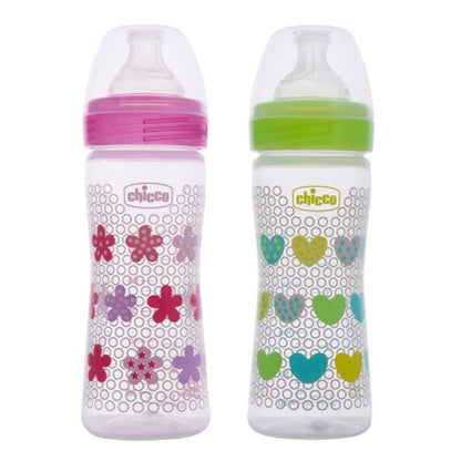 Chicco Well Being Feeding Bottle-Anti Colic-Slow Flow-250 ml-Pack of 2-Pink & Green-2M+