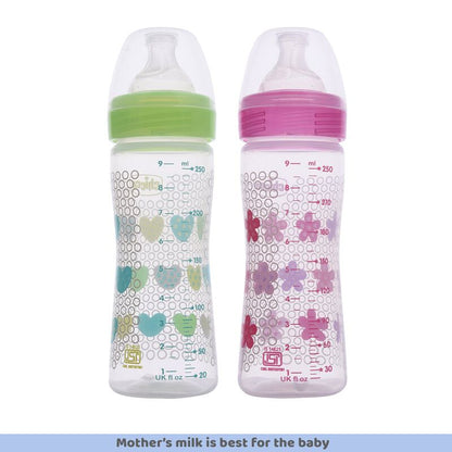 Chicco Well Being Feeding Bottle-Anti Colic-Slow Flow-250 ml-Pack of 2-Pink & Green-2M+