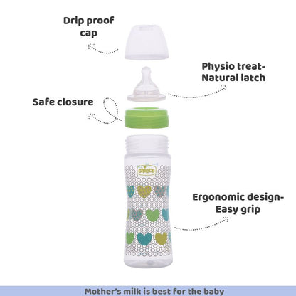 Chicco Well Being Feeding Bottle-Anti Colic-Slow Flow-250 ml-Pack of 2-Pink & Green-2M+