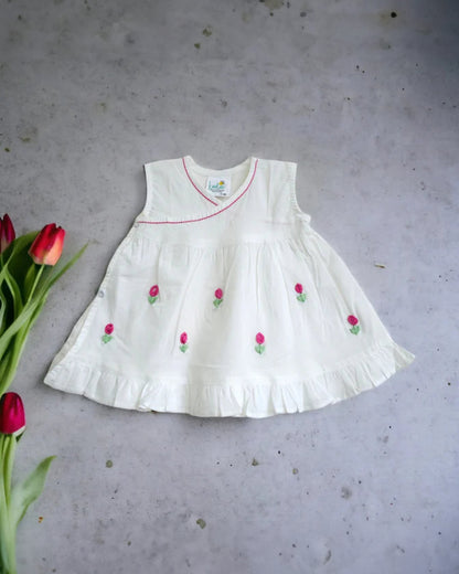 Keebee White Frock Dress-Embroidered-Organic Cotton-For Infants