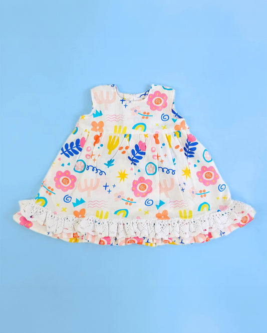 Keebee White Frock Dress-Peony Picasso Printed-Organic Cotton-For Infants