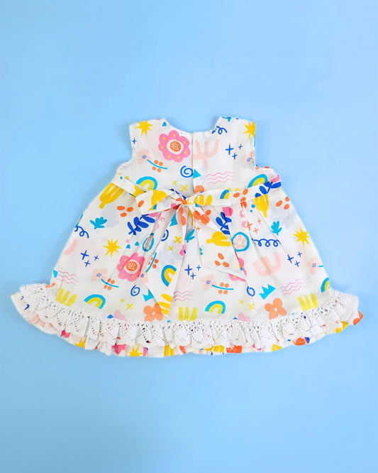 Keebee White Frock Dress-Peony Picasso Printed-Organic Cotton-For Infants