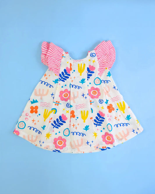 Keebee White Frock Dress-Iris Picasso Printed-Organic Cotton-For Infants
