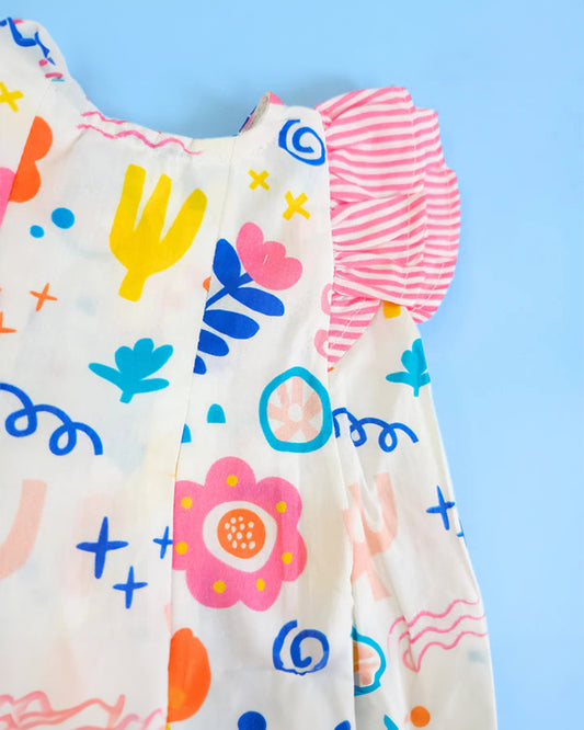 Keebee White Frock Dress-Iris Picasso Printed-Organic Cotton-For Infants