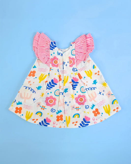 Keebee White Frock Dress-Iris Picasso Printed-Organic Cotton-For Infants