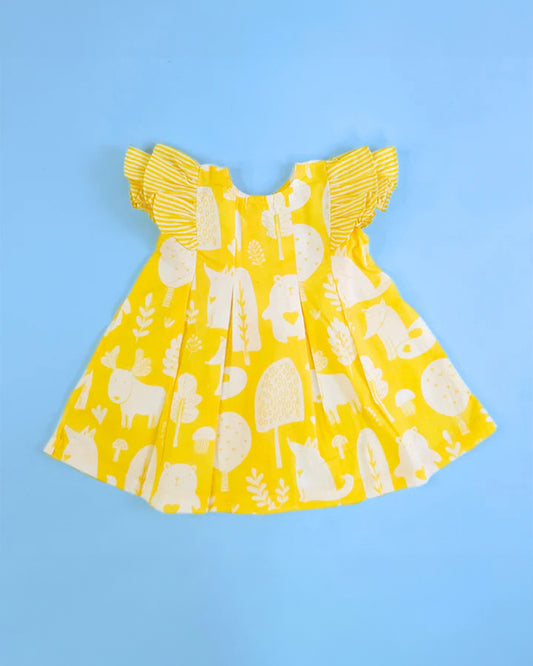 Keebee Yellow Frock Dress-Iris Forest Printed-Organic Cotton-For Infants